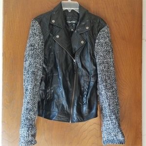 Faux leather jacket with knitted sleeves